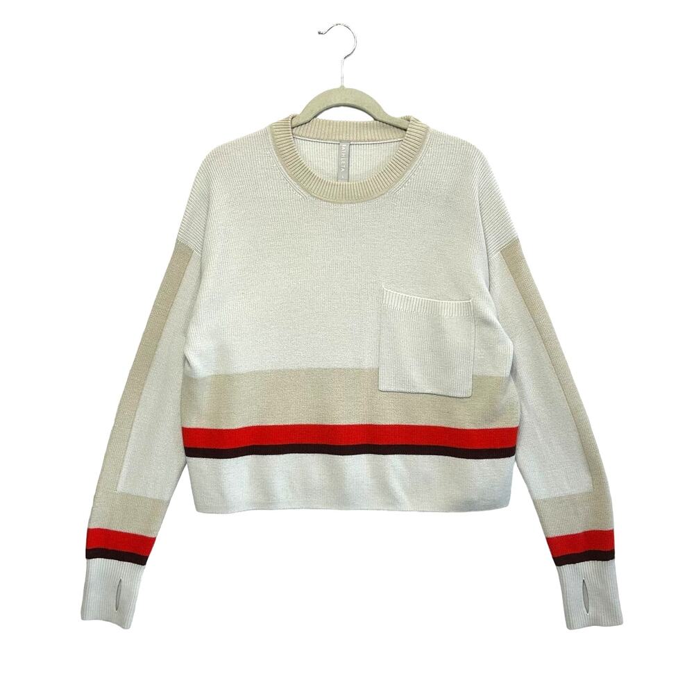 Athleta Cream and Red Striped Crew Neck Sweater